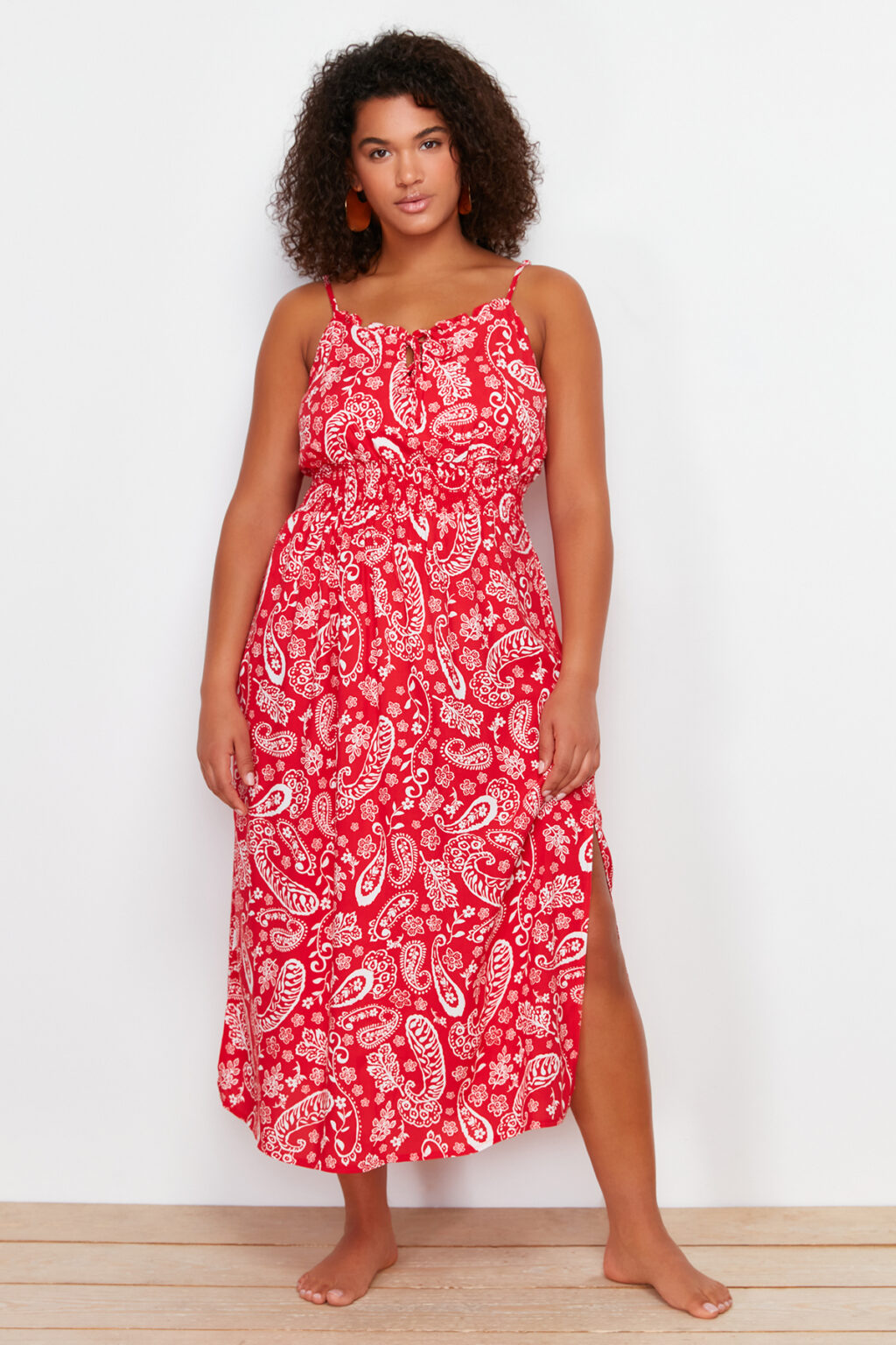 Trendyol Curve Multicolored Ethnic Pattern Elastic Waist Woven Strap Plus Size Beach Dress