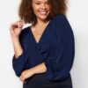 Trendyol Curve Navy Blue Balloon Sleeve Double Breasted Neckline Knitted Crop Blouse