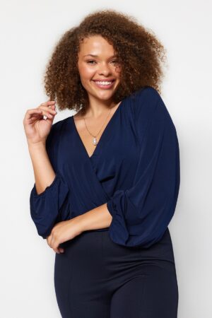 Trendyol Curve Navy Blue Balloon Sleeve Double Breasted Neckline Knitted Crop Blouse Trendyol Curve Navy Blue Balloon Sleeve Double Breasted Neckline Knitted Crop Blouse