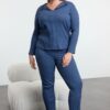 Trendyol Curve Navy Blue Corduroy Lace Knitted Pajamas Set