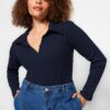 Trendyol Curve Navy Blue Fitted Ribbed Shirt Collar Snap Snap Knitted Bodysuit