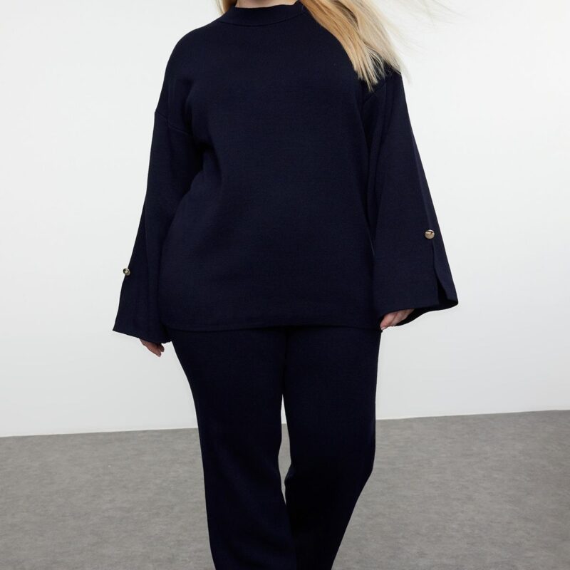 Trendyol Curve Navy Blue Knitwear Plus Size Bottom-Top Set