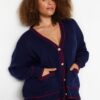 Trendyol Curve Navy Blue-Red Stripe Detailed Knitwear Cardigan
