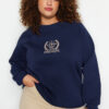 Trendyol Curve Navy Blue Thick Polar Fleece Embroidered Detailed Knitwear Plus Size Sweatshirt
