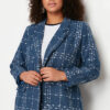 Trendyol Curve Navy Blue Tweed Woven Blazer Jacket