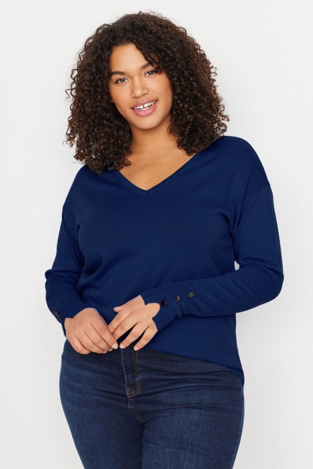 Trendyol Curve Navy Blue V Neck Button Detailed Knitwear Sweater