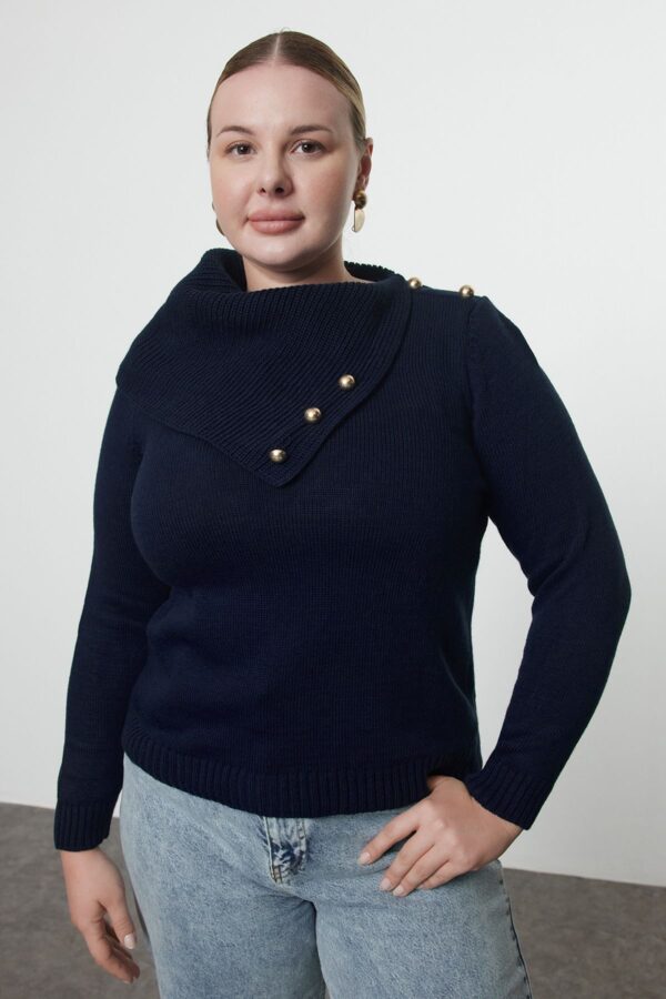 Trendyol Curve Navy Blue Wide Turtleneck Buttoned Knitwear Sweater