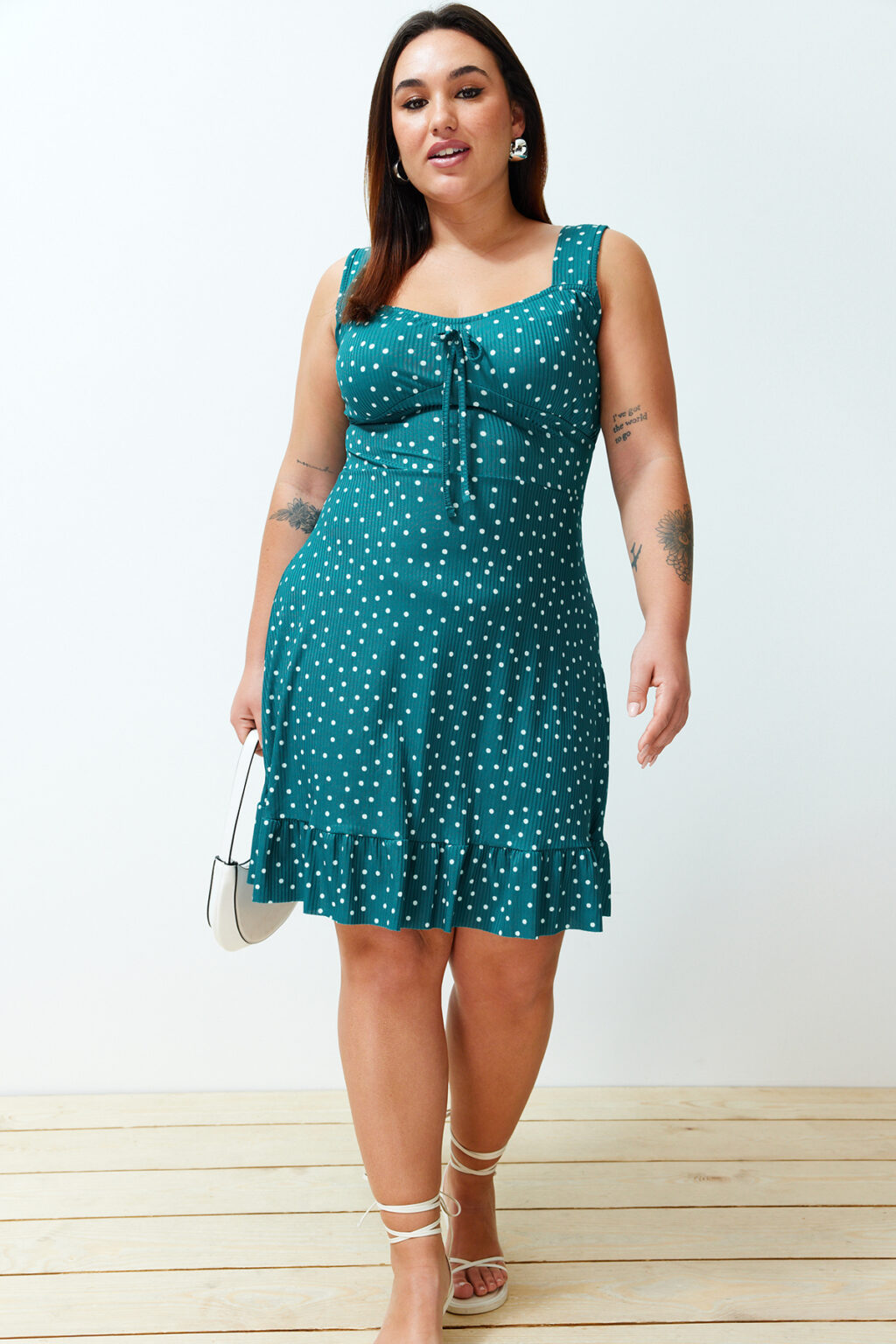 Trendyol Curve Oil Polka Dot Patterned Bow Collar Flounce A-Line Mini Summer Knitted Dress