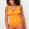 Trendyol Curve Orange Double Breasted Tie Detail Plus Size Swimsuit