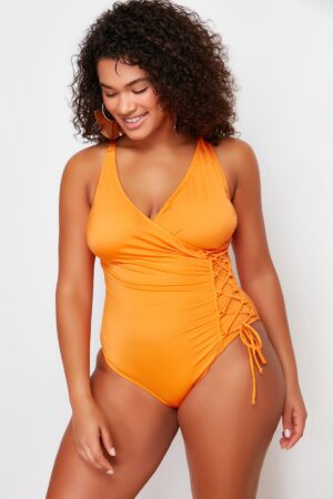 Trendyol Curve Orange Double Breasted Tie Detail Plus Size Swimsuit