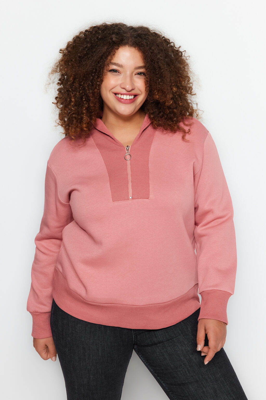 Trendyol Curve Pale Pink Thick Fleece Inside Zipper Detailed Knitted Sweatshirt