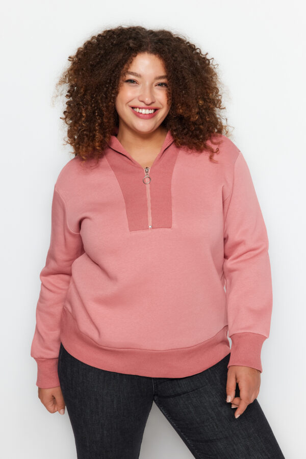 Trendyol Curve Pale Pink Thick Fleece Inside Zipper Detailed Knitted Sweatshirt