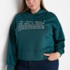 Trendyol Curve Petrol Green Hoodie with Printed Scuba/Scuba Diving Crop Knitted Sweatshirt