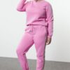 Trendyol Curve Pink Crew Neck Regular Stripe Detailed Polar Fleece Knitted Plus Size Tracksuit
