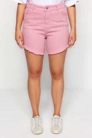 Trendyol Curve Pink Flexible Skinny Denim Shorts & Bermuda With Tassels on the Legs