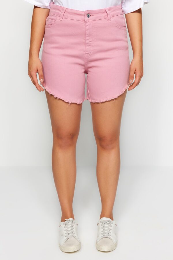 Trendyol Curve Pink Flexible Skinny Denim Shorts & Bermuda With Tassels on the Legs