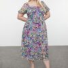 Trendyol Curve Pink Lined Chiffon Floral Square Neck Balloon Sleeve Woven Plus Size Dress