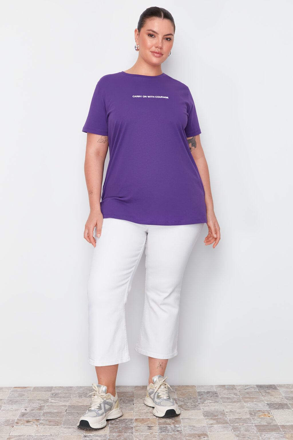 Trendyol Curve Purple Boyfriend Fit Slogan Printed Crew Neck 100% Cotton Knitted Plus Size T-Shirt