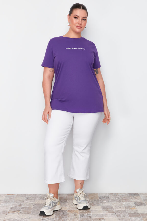 Trendyol Curve Purple Boyfriend Fit Slogan Printed Crew Neck 100% Cotton Knitted Plus Size T-Shirt