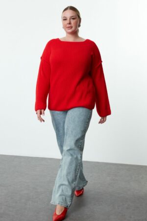 Trendyol Curve Red Boat Neck Stitching Detailed Knitwear Sweater