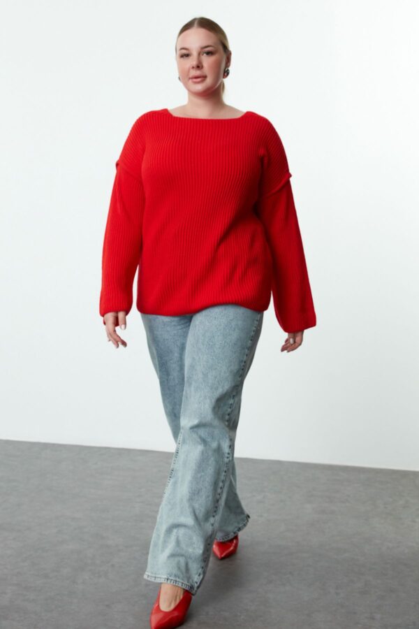 Trendyol Curve Red Boat Neck Stitching Detailed Knitwear Sweater