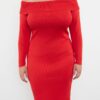 Trendyol Curve Red Carmen Collar Bodycon Midi Length Knitwear Dress