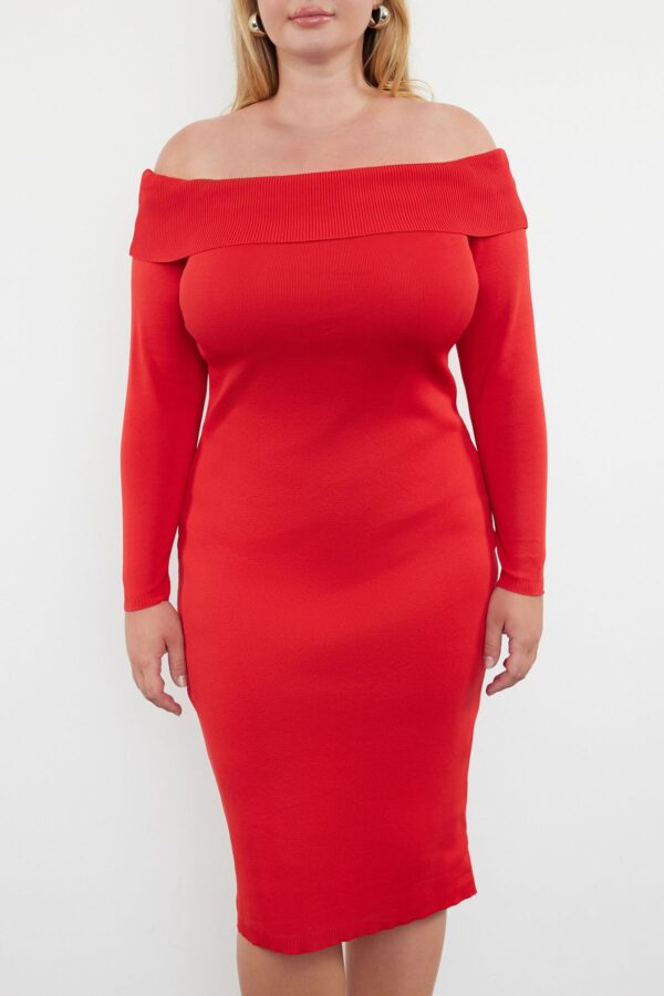 Trendyol Curve Red Carmen Collar Bodycon Midi Length Knitwear Dress