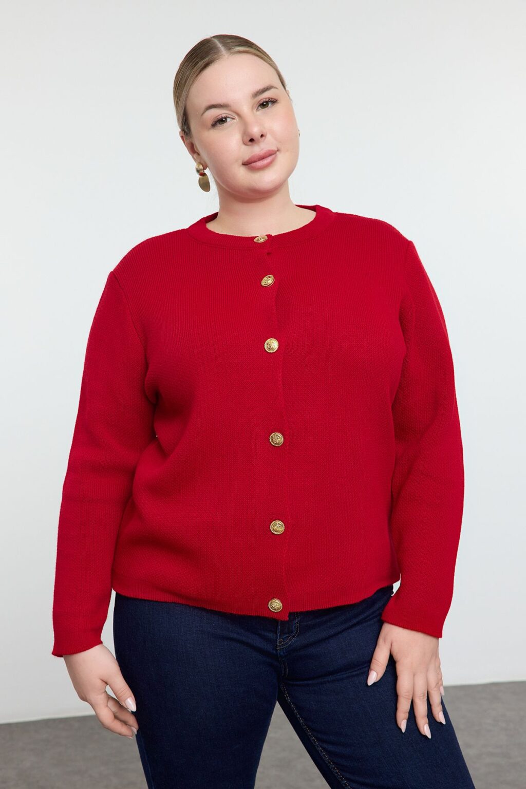 Trendyol Curve Red Crew Neck Buttoned Knitwear Cardigan