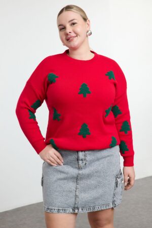 Trendyol Curve Red Embroidered New Year's Themed Knitwear Sweater
