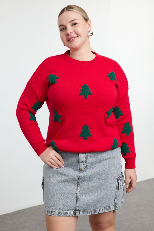 Trendyol Curve Red Embroidered New Year's Themed Knitwear Sweater