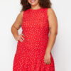 Trendyol Curve Red Polka Dot Printed Zero Sleeve Flounce Shift Mini Stretch Knit Plus Size Dress
