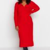 Trendyol Curve Red Polo Neck Ribbed Knitwear Dress
