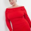 Trendyol Curve Red Ribbed Carmen Collar Rose Detailed Knitwear Dress