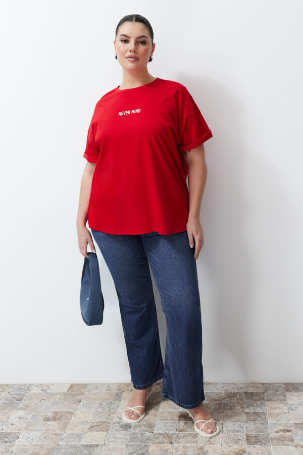Trendyol Curve Red Slogan Printed Oversize 100% Cotton Knitted Plus Size T-shirt