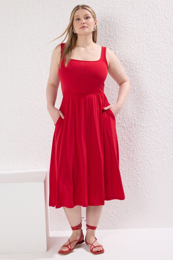 Trendyol Curve Red Square Neck A-line Knitted Plus Size Dress