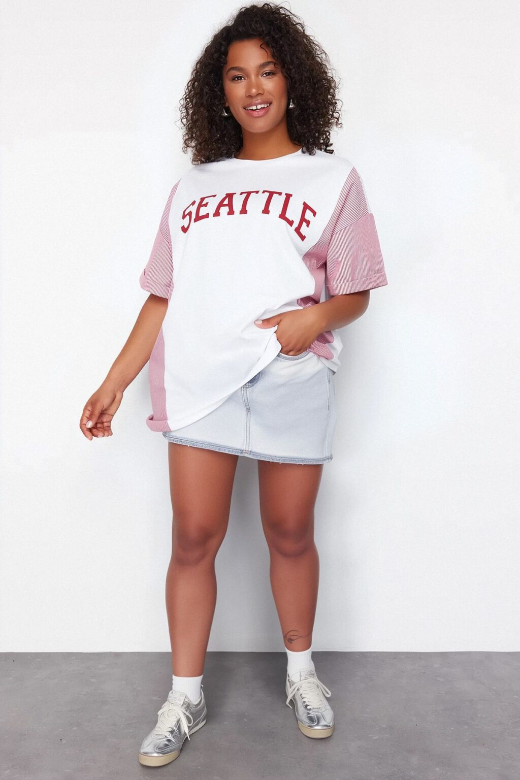 Trendyol Curve Red Striped Printed Oversize 100% Cotton Knitted T-shirt