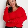 Trendyol Curve Red V-Neck Button Detailed Knitwear Sweater