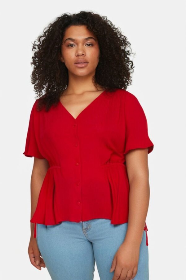 Trendyol Curve Red Woven V-Neck Tie-Up Blouse