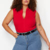 Trendyol Curve Red Zippered 100% Cotton Knitted Blouse