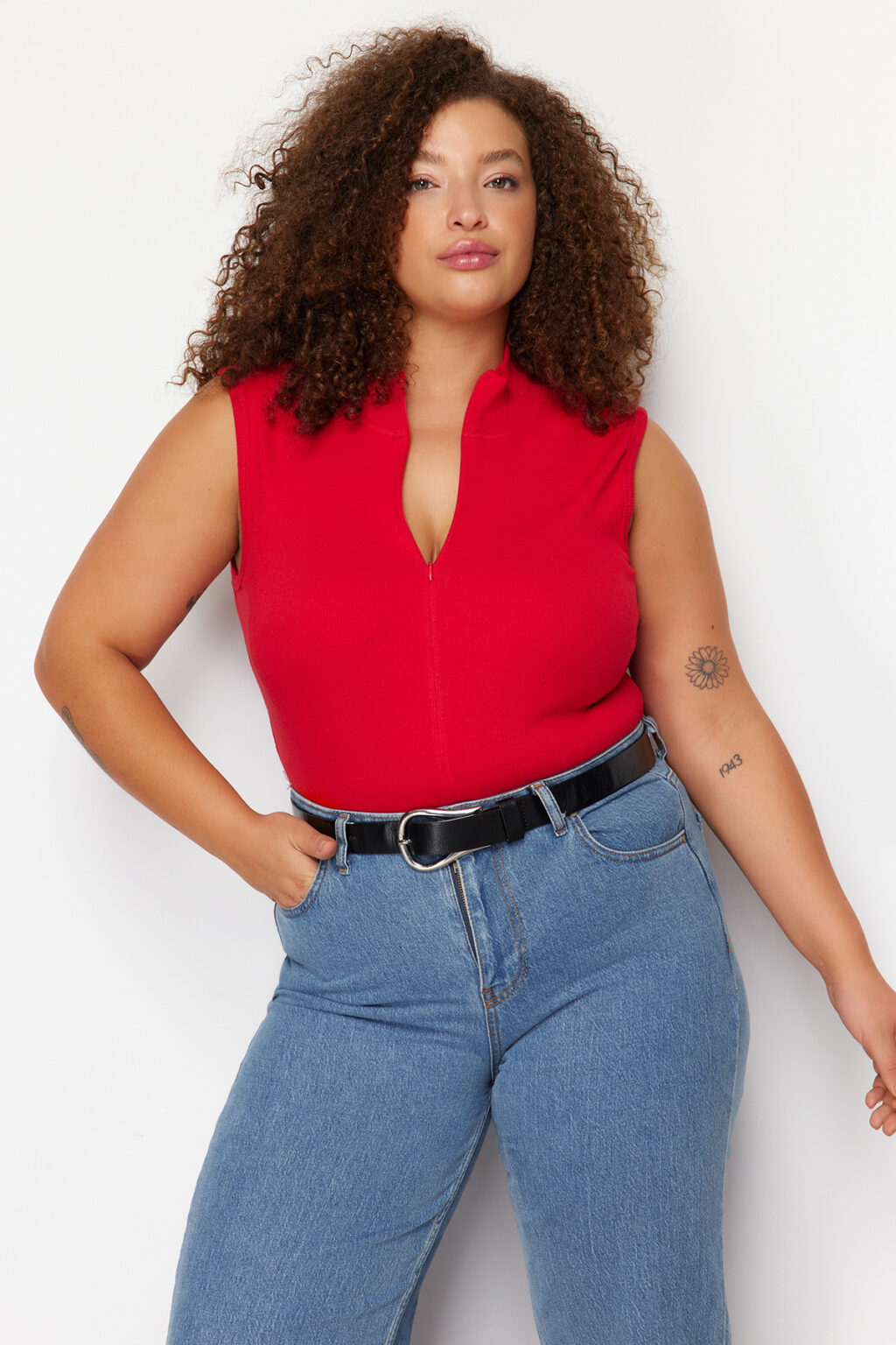Trendyol Curve Red Zippered 100% Cotton Knitted Blouse