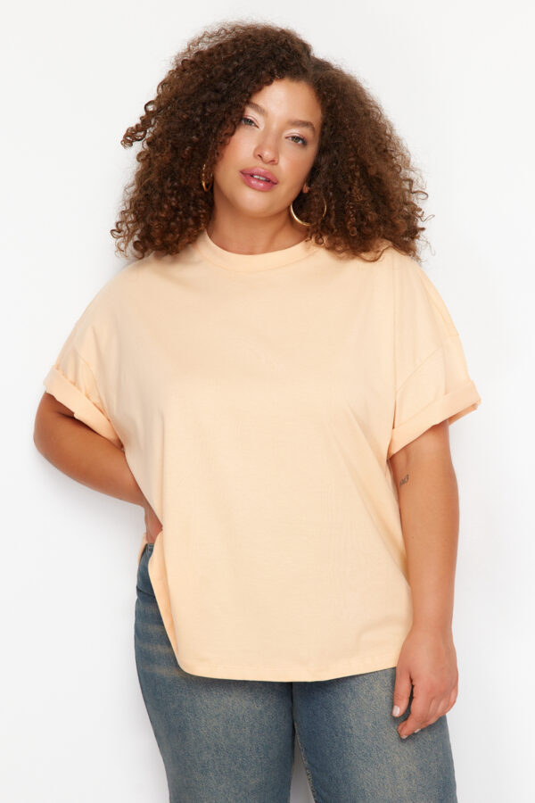 Trendyol Curve Salmon Collar Ribbed Wide Pattern Basic 100% Cotton Knitted T-shirt