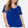 Trendyol Curve Sax Gathered Short Sleeve Knitted Blouse