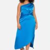 Trendyol Curve Saxe Satin Chic Asymmetrical Single Sleeve Long Woven Dress