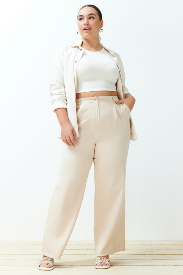 Trendyol Curve Stone High Waist Wide Leg Wide Leg Pleated Woven Fabric Trousers