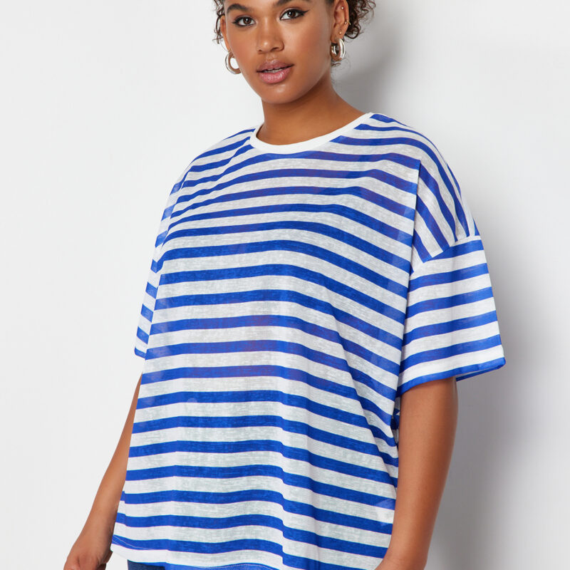 Trendyol Curve White-Blue Striped Transparent Oversize Knitted Linen Look Blouse