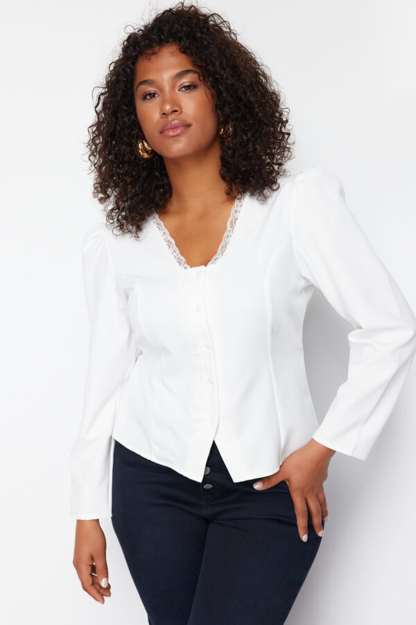 Trendyol Curve White Lace V-Neck Buttoned Plus Size Woven Blouse