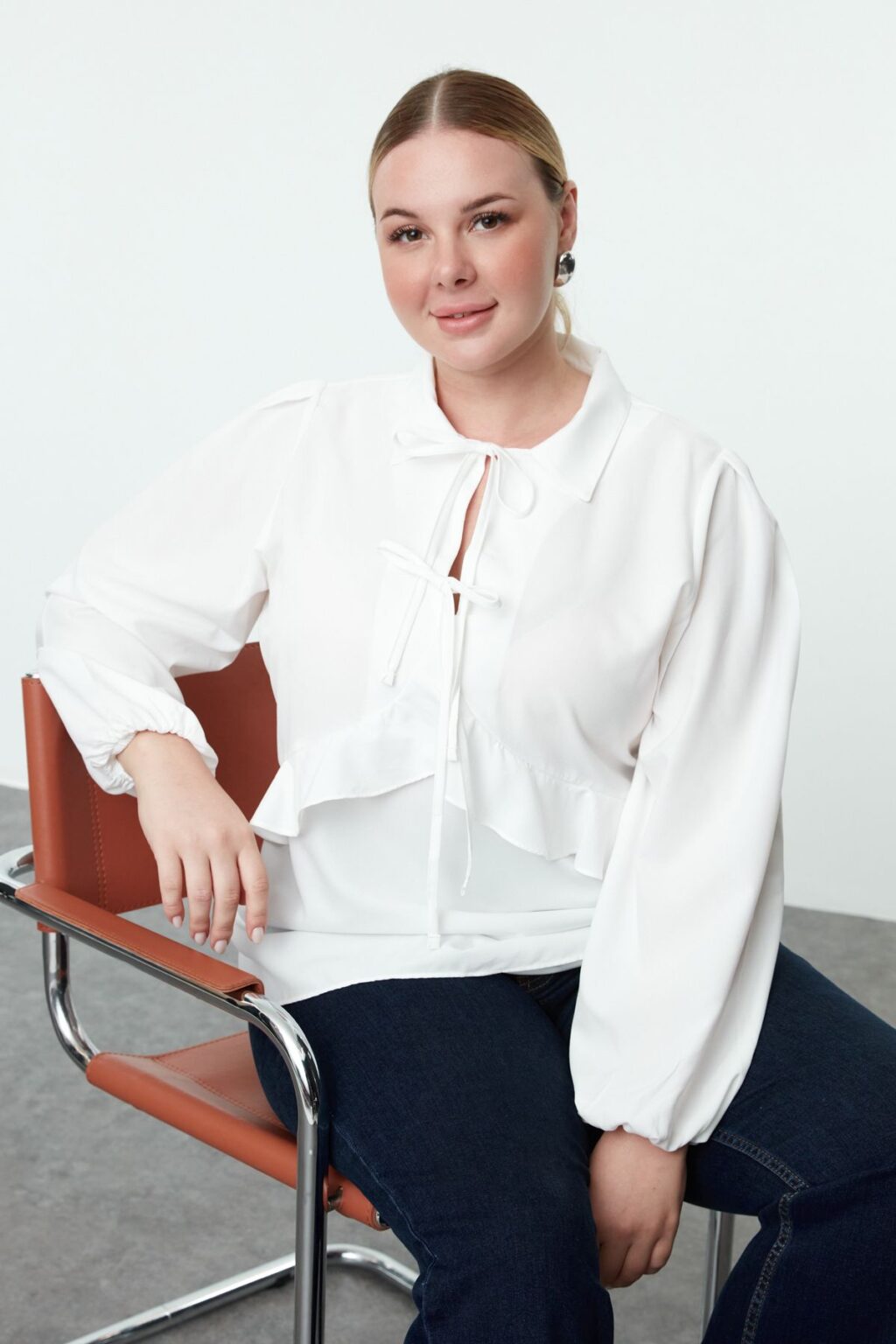 Trendyol Curve White Laced Ruffle Long Sleeve Plus Size Blouse