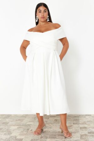 Trendyol Curve White Madonna Collar Woven Plus Size Evening Dress/Bridal/Wedding/Engagement/Evening Dress