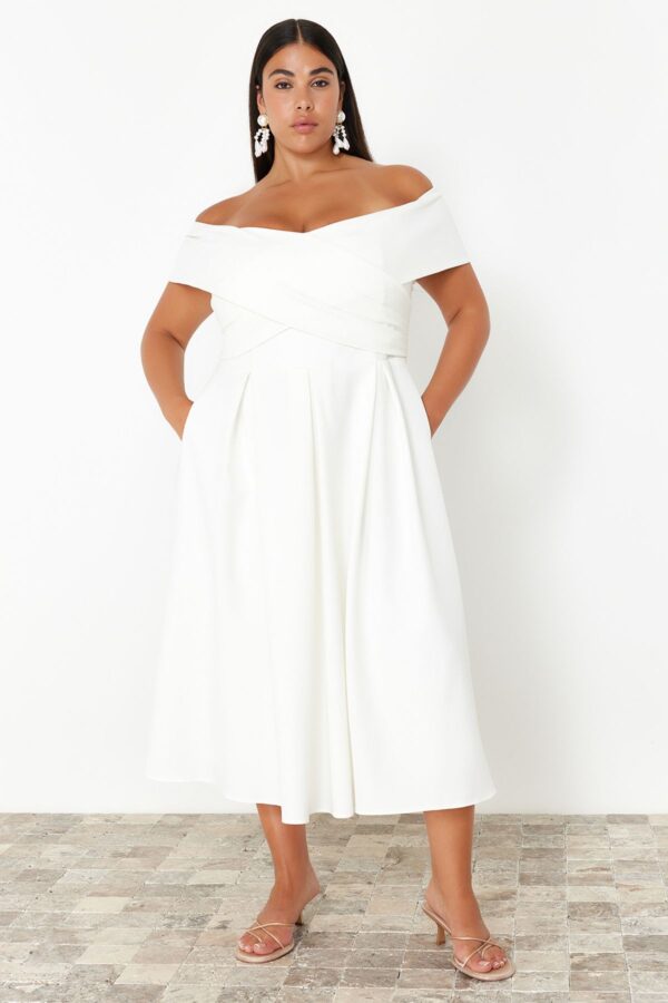Trendyol Curve White Madonna Collar Woven Plus Size Evening Dress/Bridal/Wedding/Engagement/Evening Dress