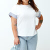 Trendyol Curve White Oversize Striped Poplin Fabric Detail on the Sleeve 100% Cotton Knitted Plus Size T-Shirt